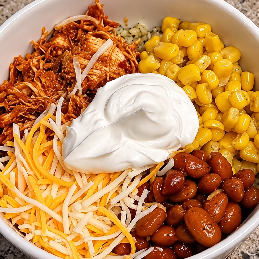 Simple taco bowl with seasoned chicken, corn, beans, cheese and sour cream